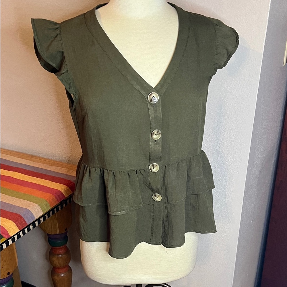 Hayden Army Green Ruffle Sleeve Blouse